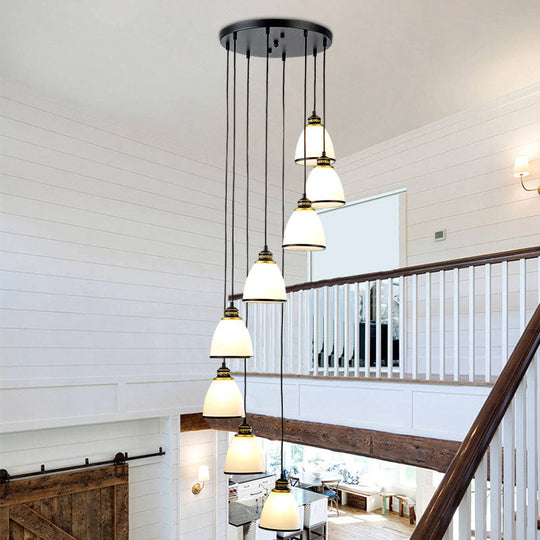 Simplicity Cream Glass Staircase Hanging Light With Spiral Bell Shade - Multi Pendant