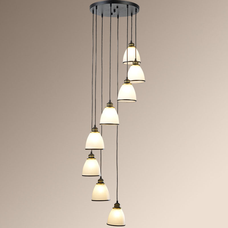 Simplicity Cream Glass Staircase Hanging Light With Spiral Bell Shade - Multi Pendant 8 / Black