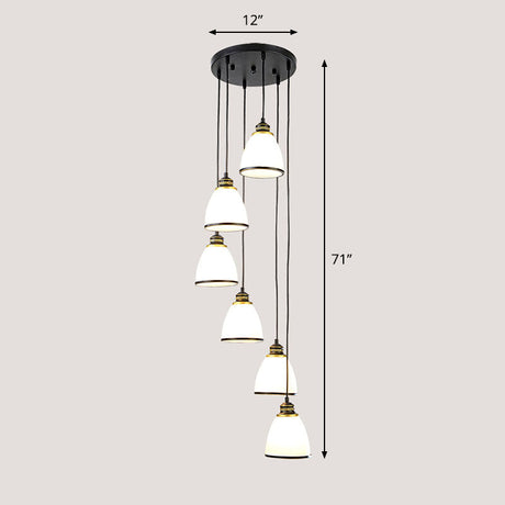 Simplicity Cream Glass Staircase Hanging Light With Spiral Bell Shade - Multi Pendant