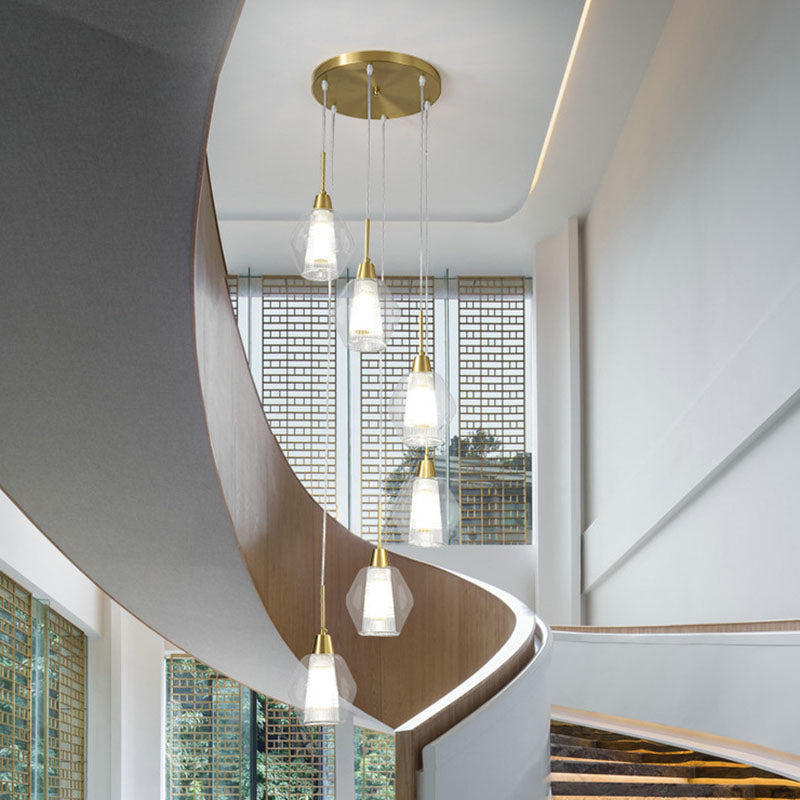 Nordic Style Gold Suspension Multi Ceiling Light with Clear Handblown Glass Shades for Staircase