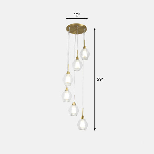 Nordic Style Gold Suspension Multi Ceiling Light with Clear Handblown Glass Shades for Staircase