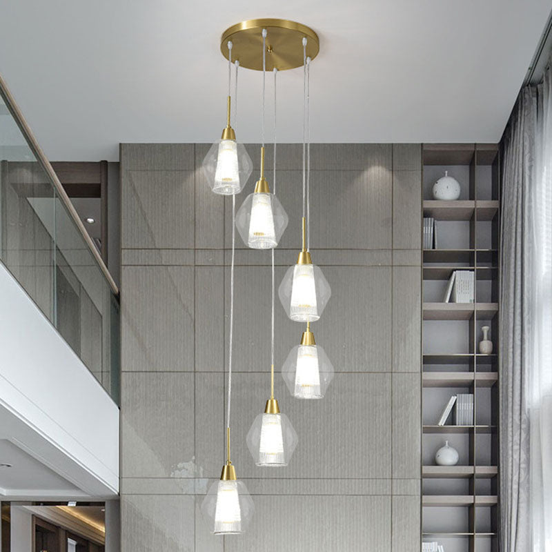 Nordic Style Gold Suspension Multi Ceiling Light with Clear Handblown Glass Shades for Staircase