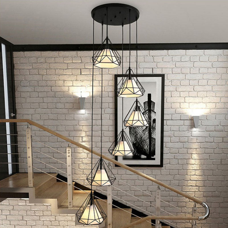 Minimalist Black Spiral Diamond Cage Pendant Light with 6 Metallic Suspension Bulbs for Stairwell