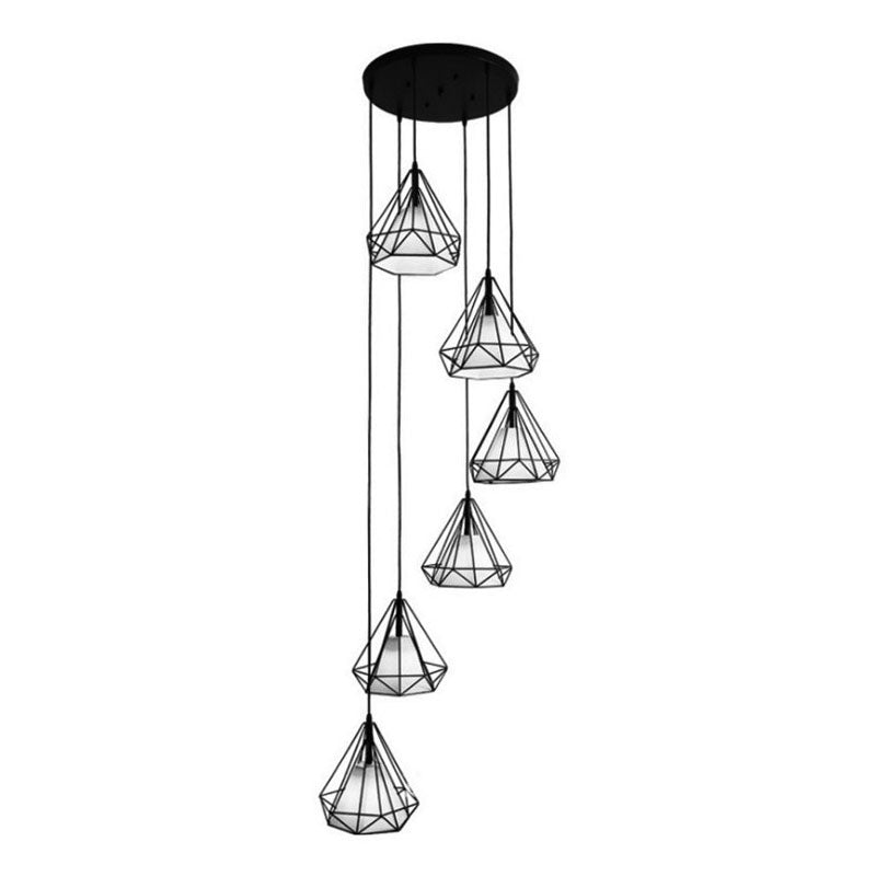 Minimalist Black Spiral Diamond Cage Pendant Light with 6 Metallic Suspension Bulbs for Stairwell