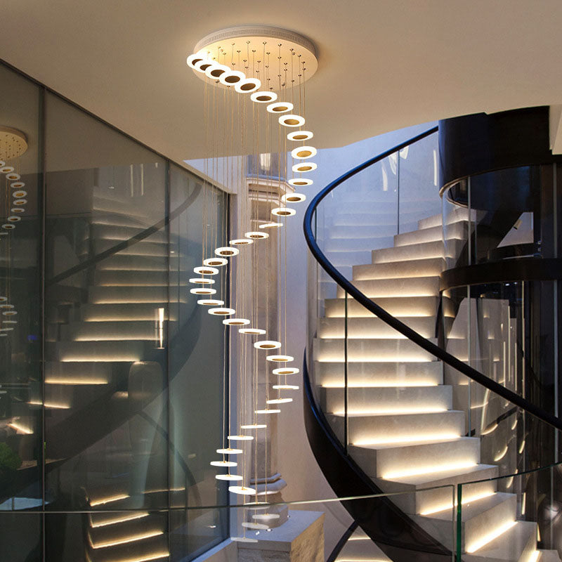 Contemporary Spiral Disc Multi Ceiling Lamp - Staircase Suspension Fixture in White