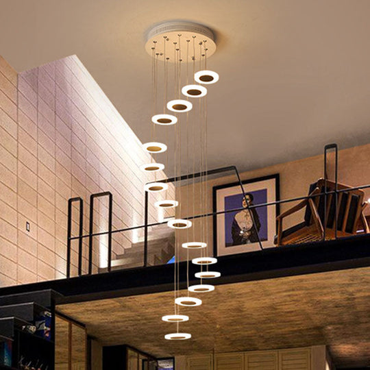 Contemporary Spiral Ceiling Lamp: Multi-Disc Staircase Suspension Light In White 16 / Warm