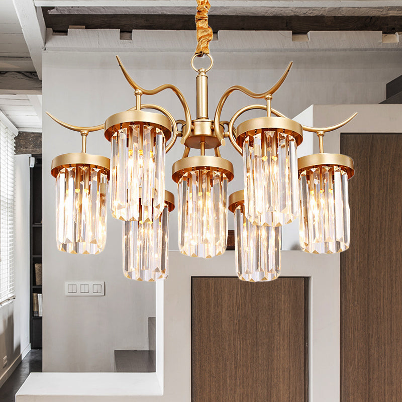 Modern Crystal Cylindrical Chandelier Light with Brass Finish - 7/9-Head Hanging Ceiling Light