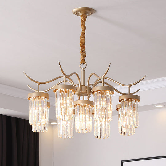 Modern Crystal Cylindrical Chandelier Light with Brass Finish - 7/9-Head Hanging Ceiling Light