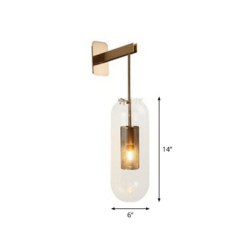 Sleek Glass Capsule Sconce - Minimalist 1-Light Wall Mount With Wire Mesh Guard Gold