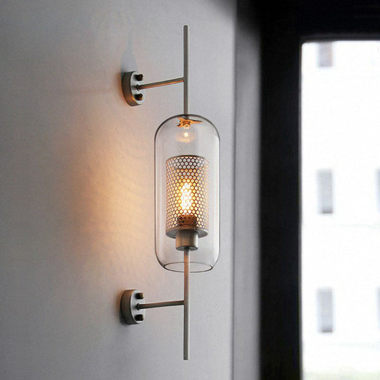 Minimalist Metal Mesh Wall Light Sconce With Clear Glass Shade - 1-Head Mount Lamp
