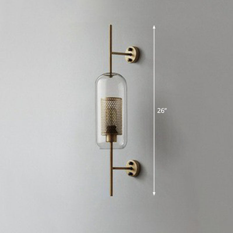 Minimalist Metal Mesh Wall Light Sconce With Clear Glass Shade - 1-Head Mount Lamp Bronze / Cylinder