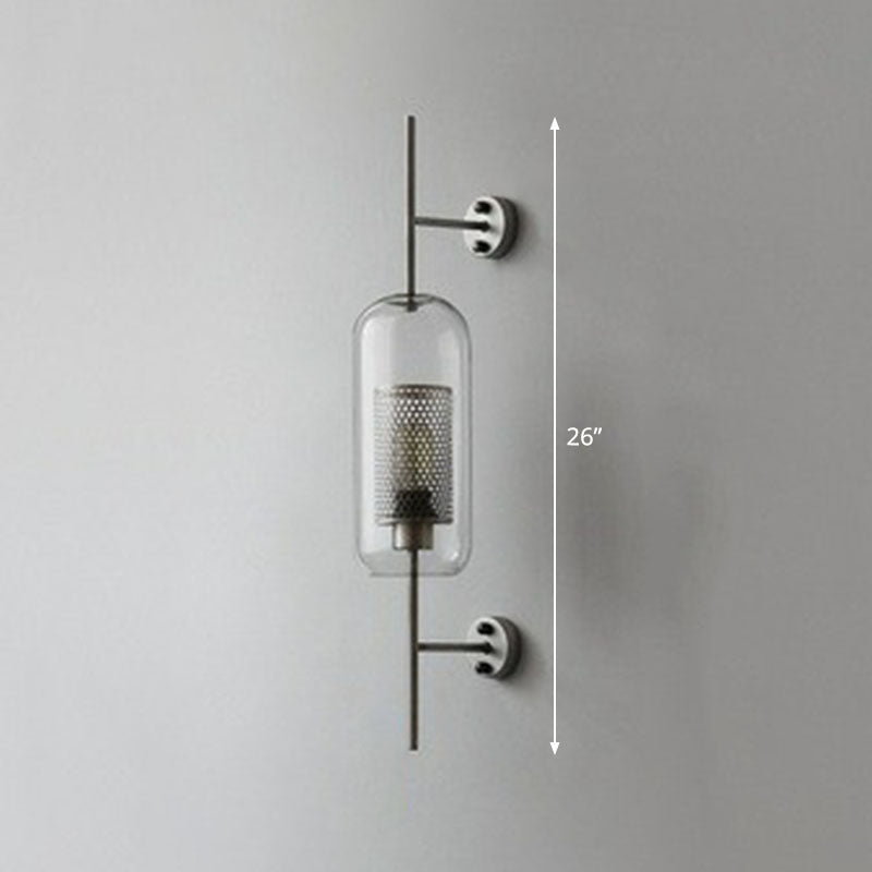 Minimalist Metal Mesh Wall Light Sconce With Clear Glass Shade - 1-Head Mount Lamp Silver / Cylinder