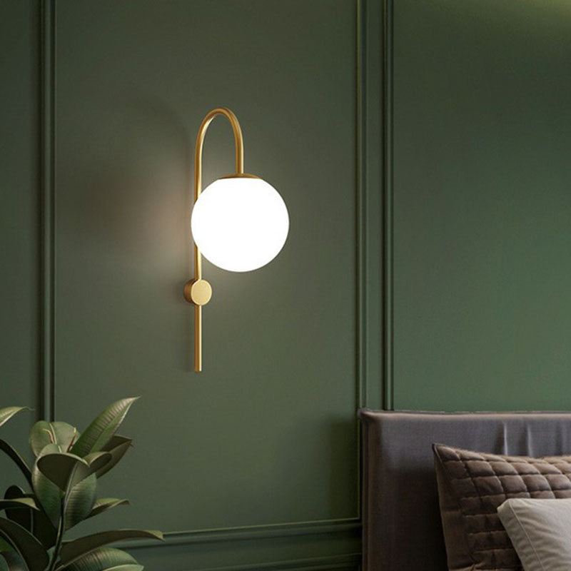 Gold Gooseneck Arm Wall Sconce With Cream Glass Globe - Postmodern 1-Bulb Lamp