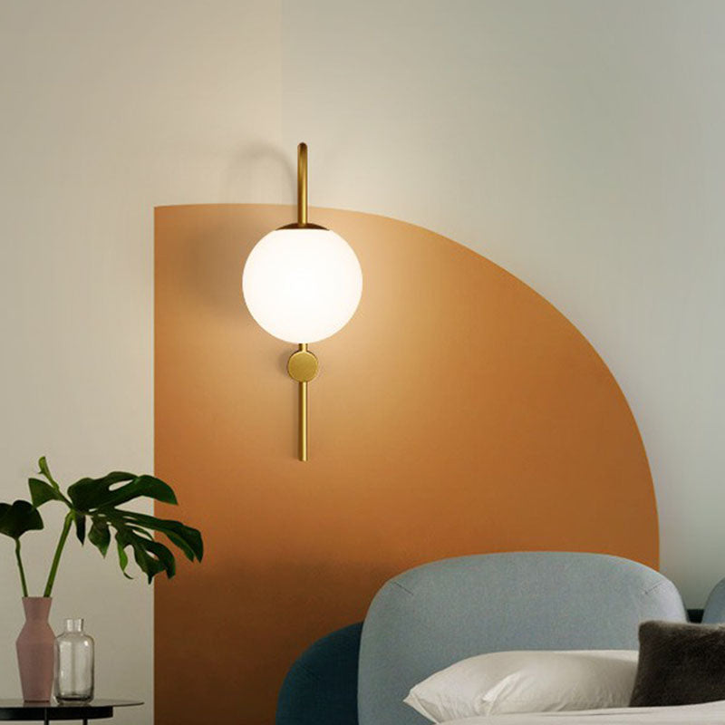 Gold Gooseneck Arm Wall Sconce With Cream Glass Globe - Postmodern 1-Bulb Lamp