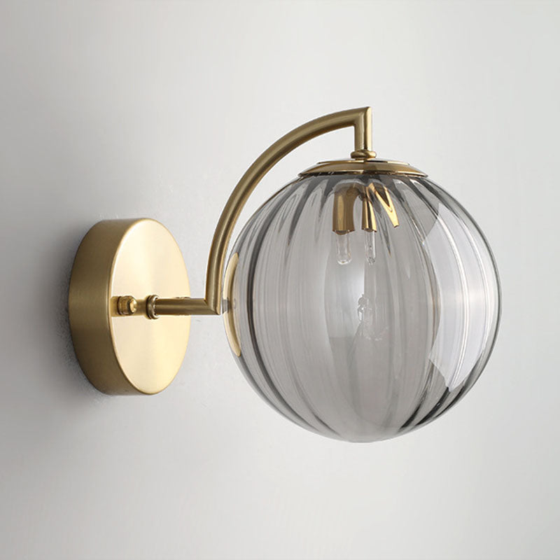 Gold Finish Wall Sconce With Ball Rib Glass Shade - Perfect Bedside Lighting Solution! Smoke Gray