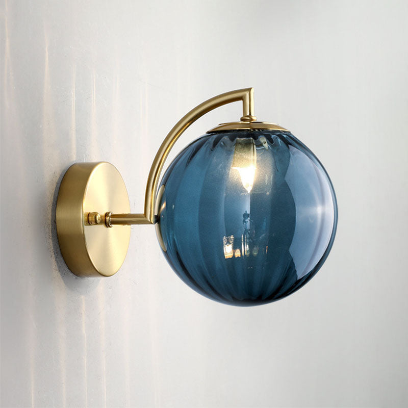 Gold Finish Wall Sconce With Ball Rib Glass Shade - Perfect Bedside Lighting Solution! Blue