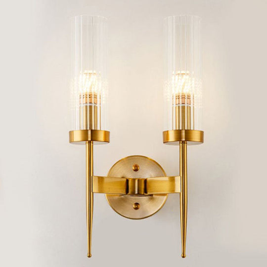 Postmodern Cylindrical Wall Mount Light In Gold With Clear Ribbed Glass - Perfect For Stairway