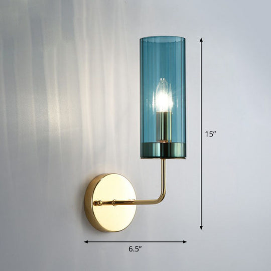 Postmodern Glass Tube Wall Sconce With Brass Finish Blue