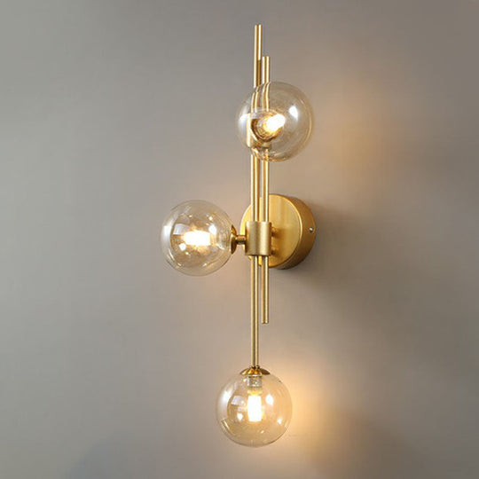Brass Designer Ball Wall Light Sconce With 3-Head Glass For Bedroom Amber
