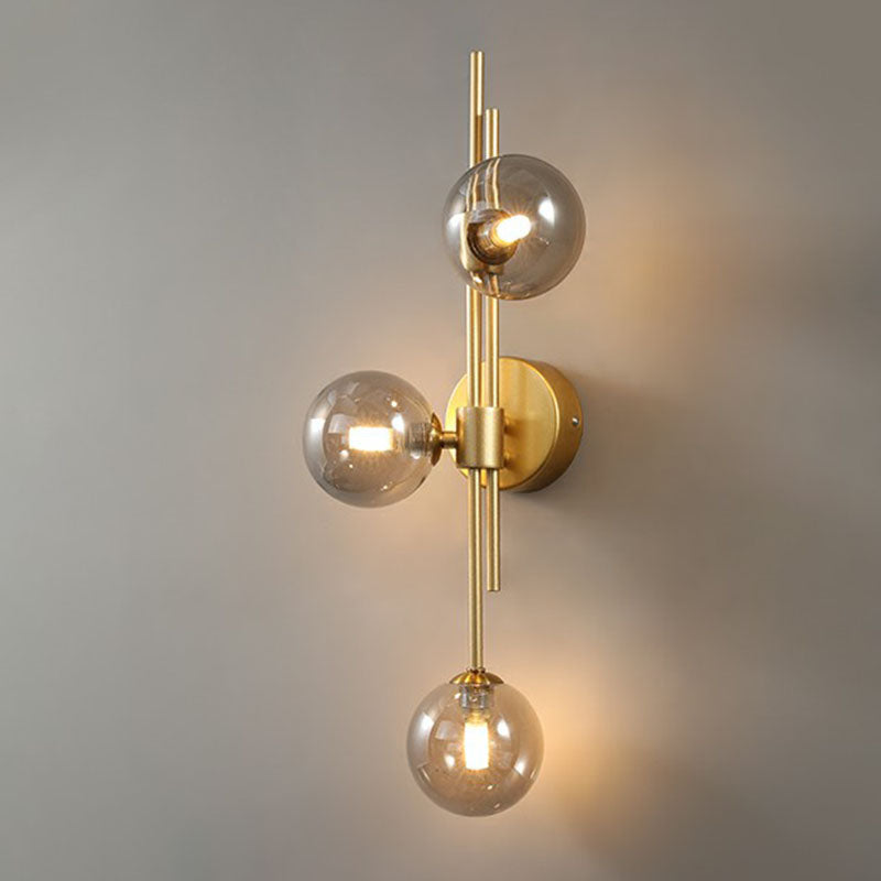 Brass Designer Ball Wall Light Sconce With 3-Head Glass For Bedroom Smoke Gray