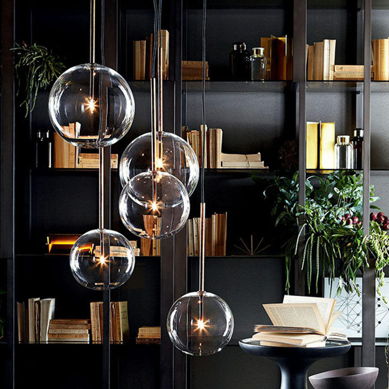 Minimalist Hand-Blown Glass Globe Pendant Light In Gold Finish - Ceiling Hanging Lamp