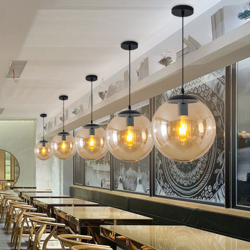 Black Glass Single-Bulb Pendant Light For Sphere Restaurant Ceiling Suspension