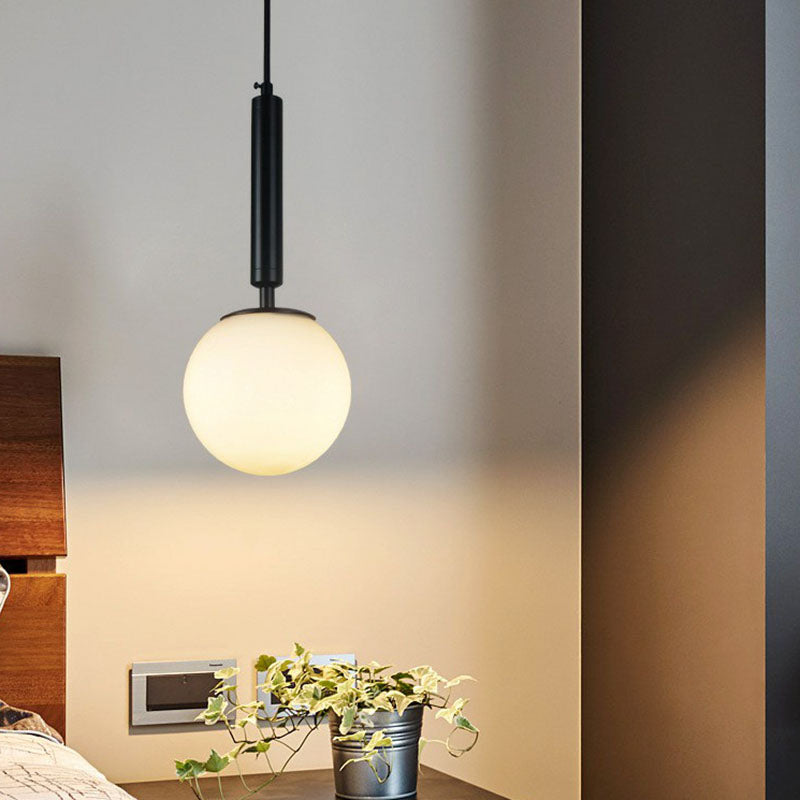 Sleek Bedside Pendant Lamp with White Glass Shade - Single Bulb Design