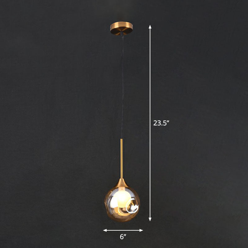 Postmodern Brass Ceiling Lamp: 1-Head Bedside Pendant Light With Glass Shade Amber