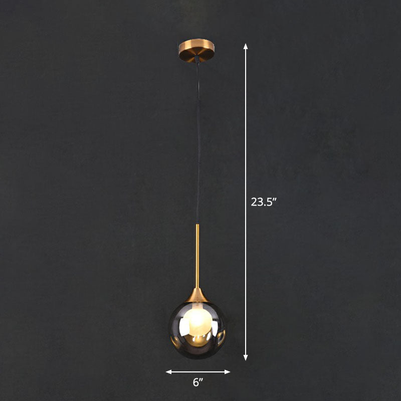 Postmodern Brass Ceiling Lamp: 1-Head Bedside Pendant Light With Glass Shade Smoke Gray