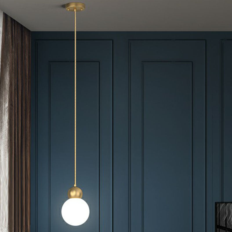 Simplicity Gold Finish Ball Pendant Light Fixture 1-Light Milk Glass Suspension For Bedroom
