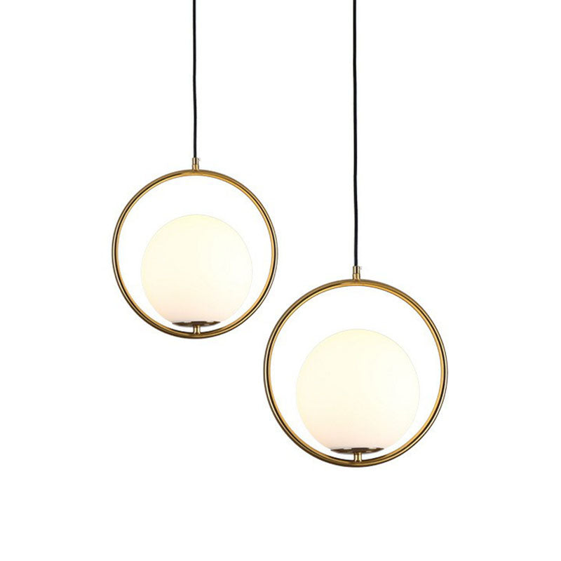 Postmodern Globe Hanging Lamp Kit - White Glass 1-Head Gold Pendant Light for Restaurants