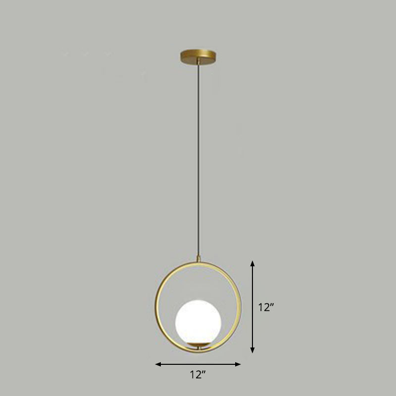 Simple White Glass Pendant Light With Metal Ring - Ball Ceiling Lamp Gold / 12