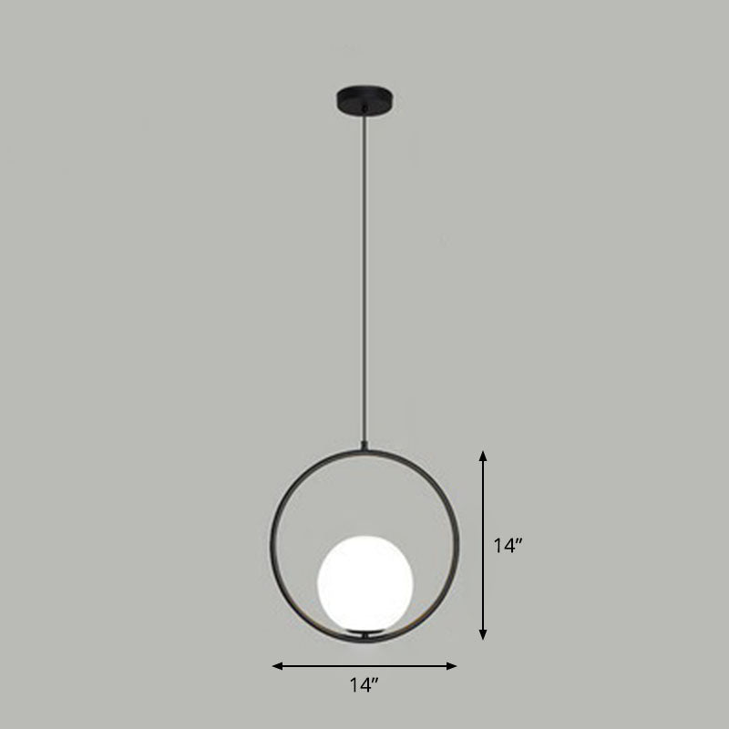 White Glass Pendant Light with Metal Ring - Simple Ball Ceiling Lamp