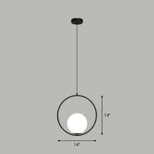 White Glass Pendant Light with Metal Ring - Simple Ball Ceiling Lamp