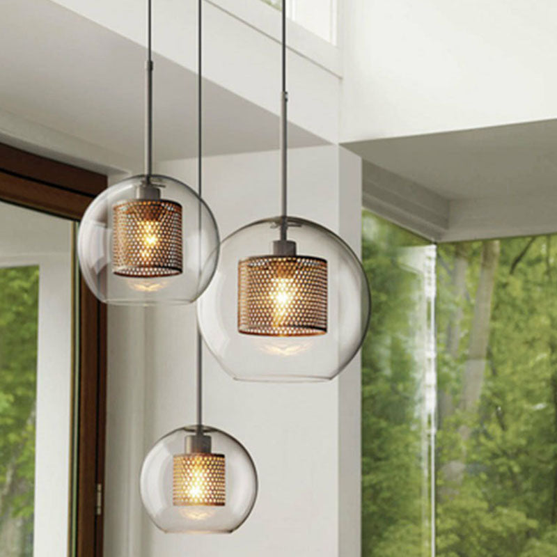 Modern Clear Glass Sphere Pendant Light with Mesh Screen - 1 Bulb Suspension Lamp