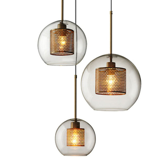 Modern Clear Glass Sphere Pendant Light with Mesh Screen - 1 Bulb Suspension Lamp