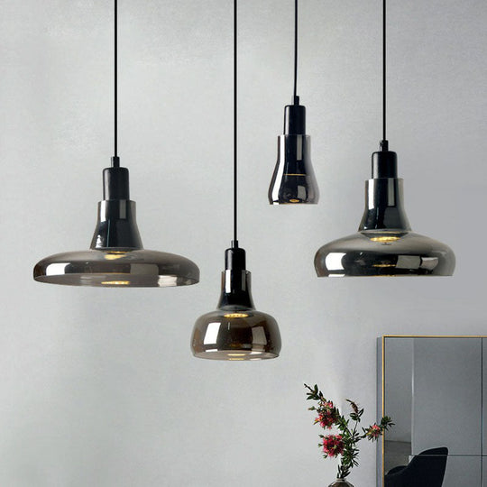 Contemporary Smoke Grey Glass Pendant Light With Pot Lid Design - Black Ceiling Lighting For Dining