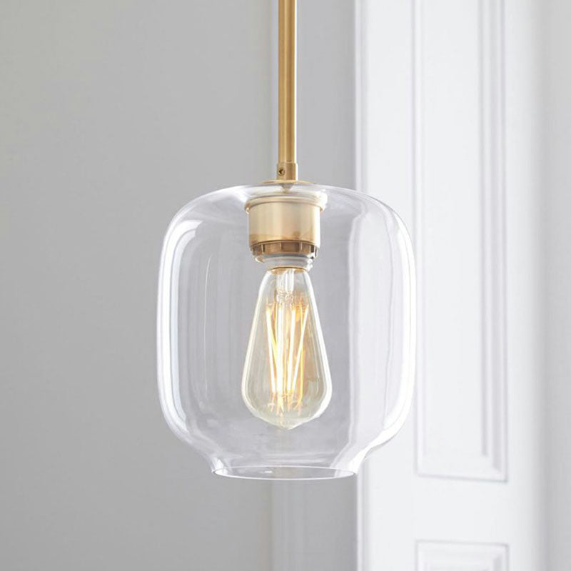 Simplicity Glass Pendant Light with Gold Finish - Clear Mug Shape, Single Bulb Suspension
