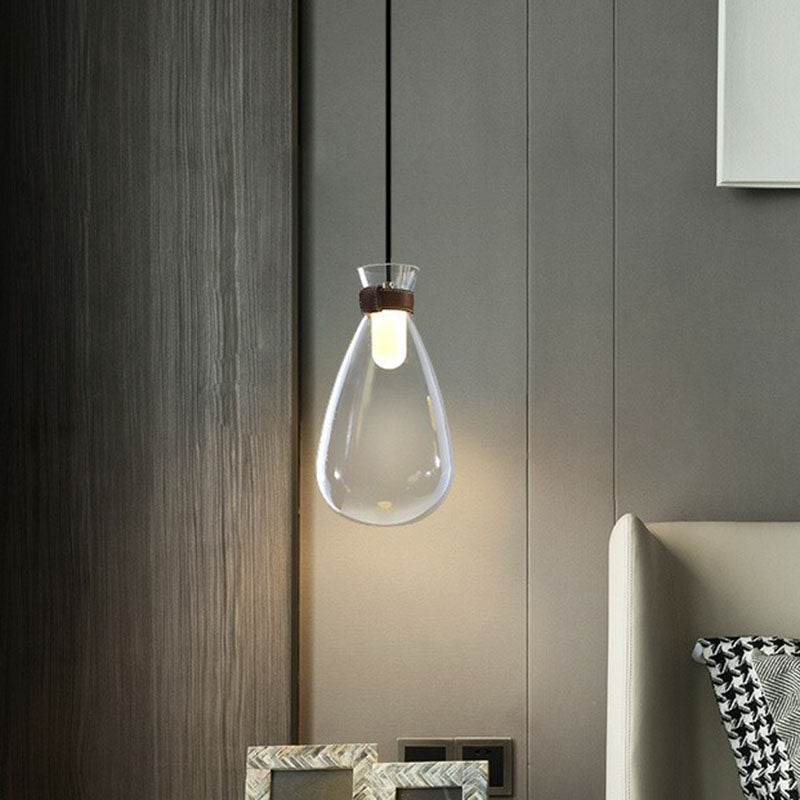 Minimalist Raindrop Glass Hanging Light With Leather Strap 1-Light Suspended Lighting Fixture