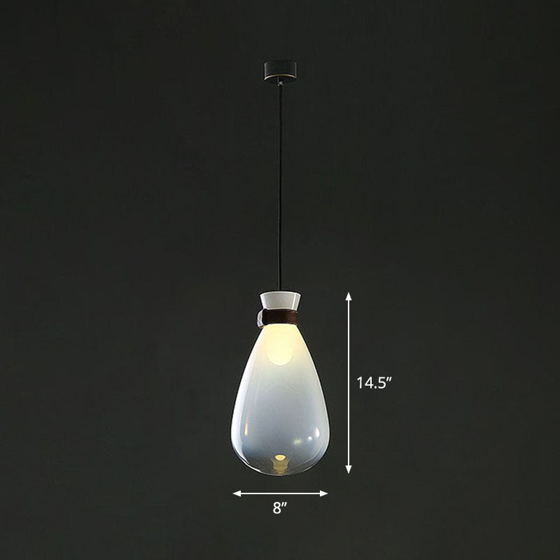Minimalist Raindrop Glass Hanging Light With Leather Strap 1-Light Suspended Lighting Fixture White