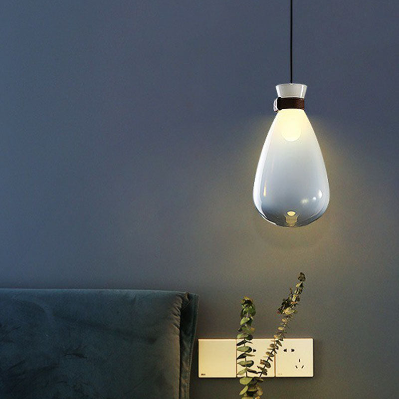 Minimalist Raindrop Glass Hanging Light With Leather Strap 1-Light Suspended Lighting Fixture