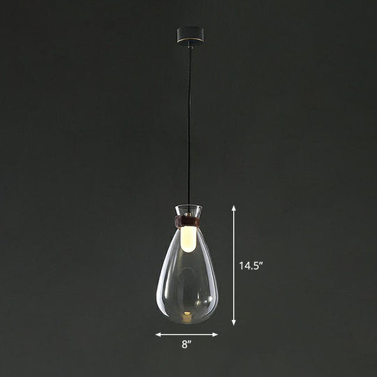 Minimalist Raindrop Glass Hanging Light With Leather Strap 1-Light Suspended Lighting Fixture Clear