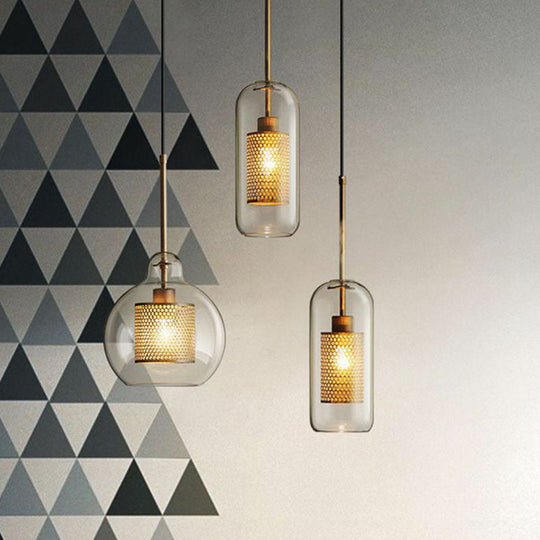 Clear Glass Geometric Pendant Lamp With Mesh Guard - Postmodern Design
