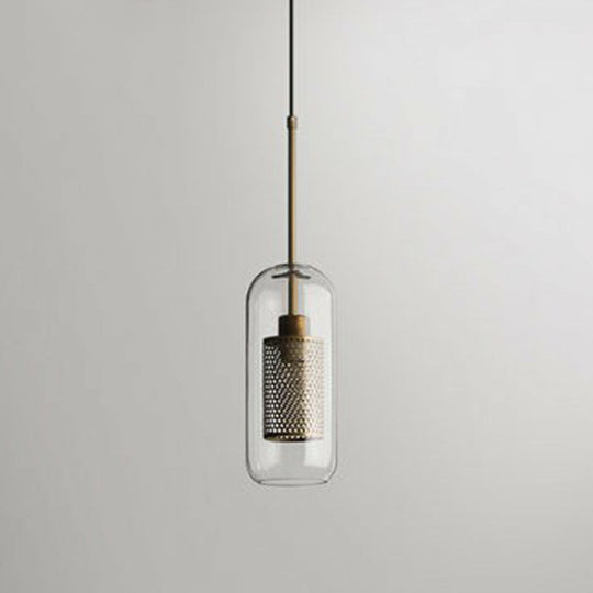 Clear Glass Geometric Pendant Lamp With Mesh Guard - Postmodern Design / Cylinder