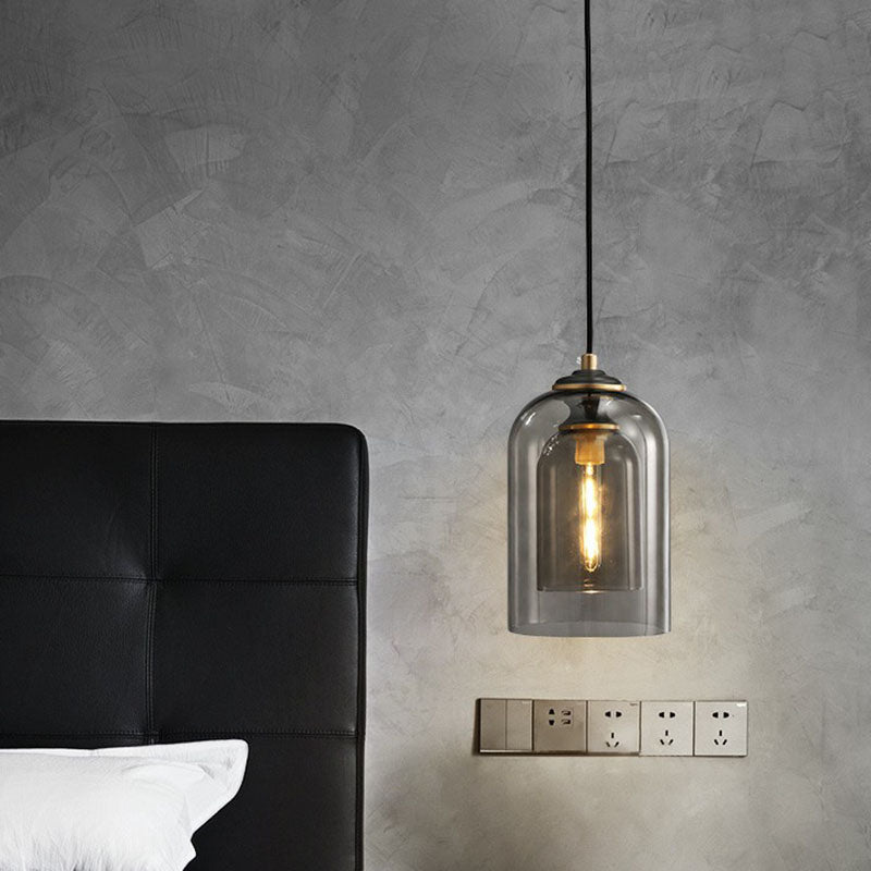 Postmodern Bedroom Hanging Lamp with Double Cloche Glass Shade - 1 Bulb Ceiling Light