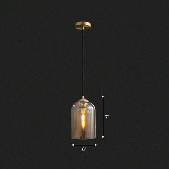 Modern Bedroom Hanging Lamp With Double Glass Cloche Shade Cognac