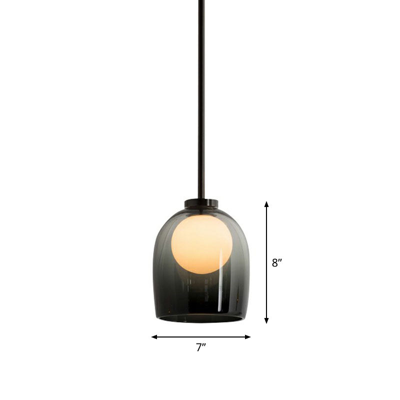 Modern Glass Cup Pendant Light For Dining Room - 1 Head Pendulum Design Smoke Gray