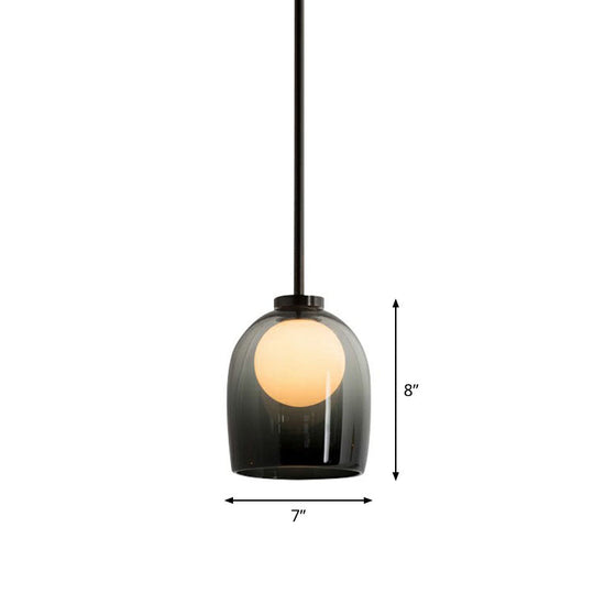 Modern Glass Cup Pendant Light For Dining Room - 1 Head Pendulum Design Smoke Gray
