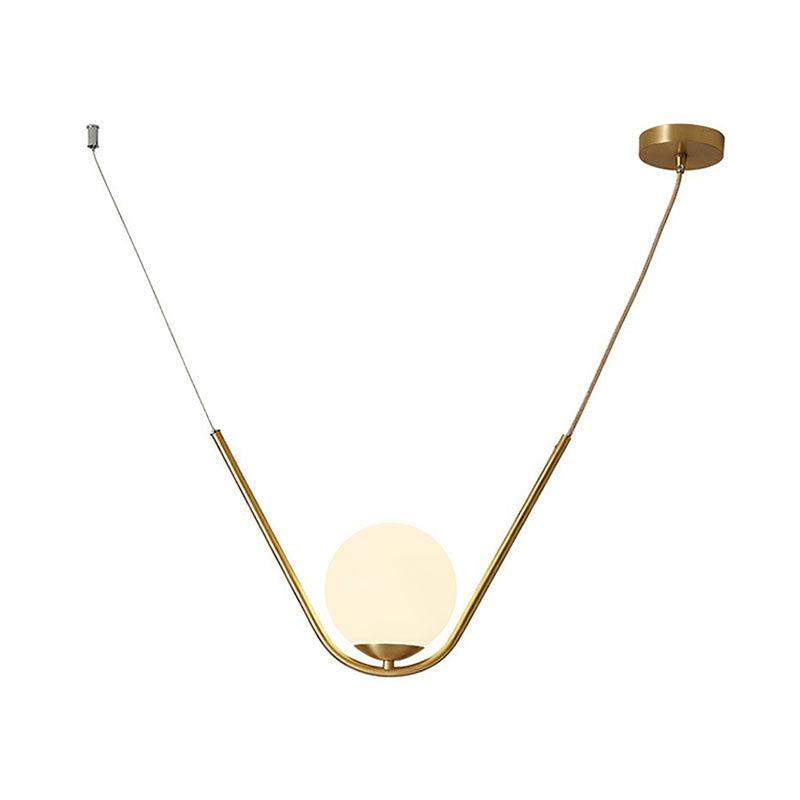 Suspended Gold Pendant Light With White Glass Shade - Minimalist V-Design