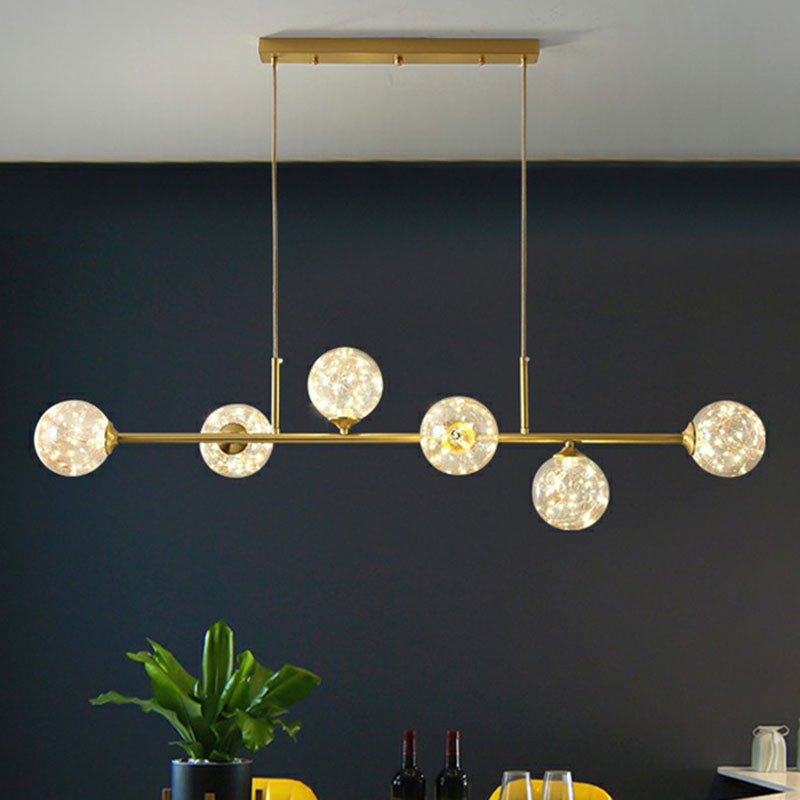 6-Light Linear Dining Room Island Pendant With Postmodern Metallic Finish And Glass Ball Shades